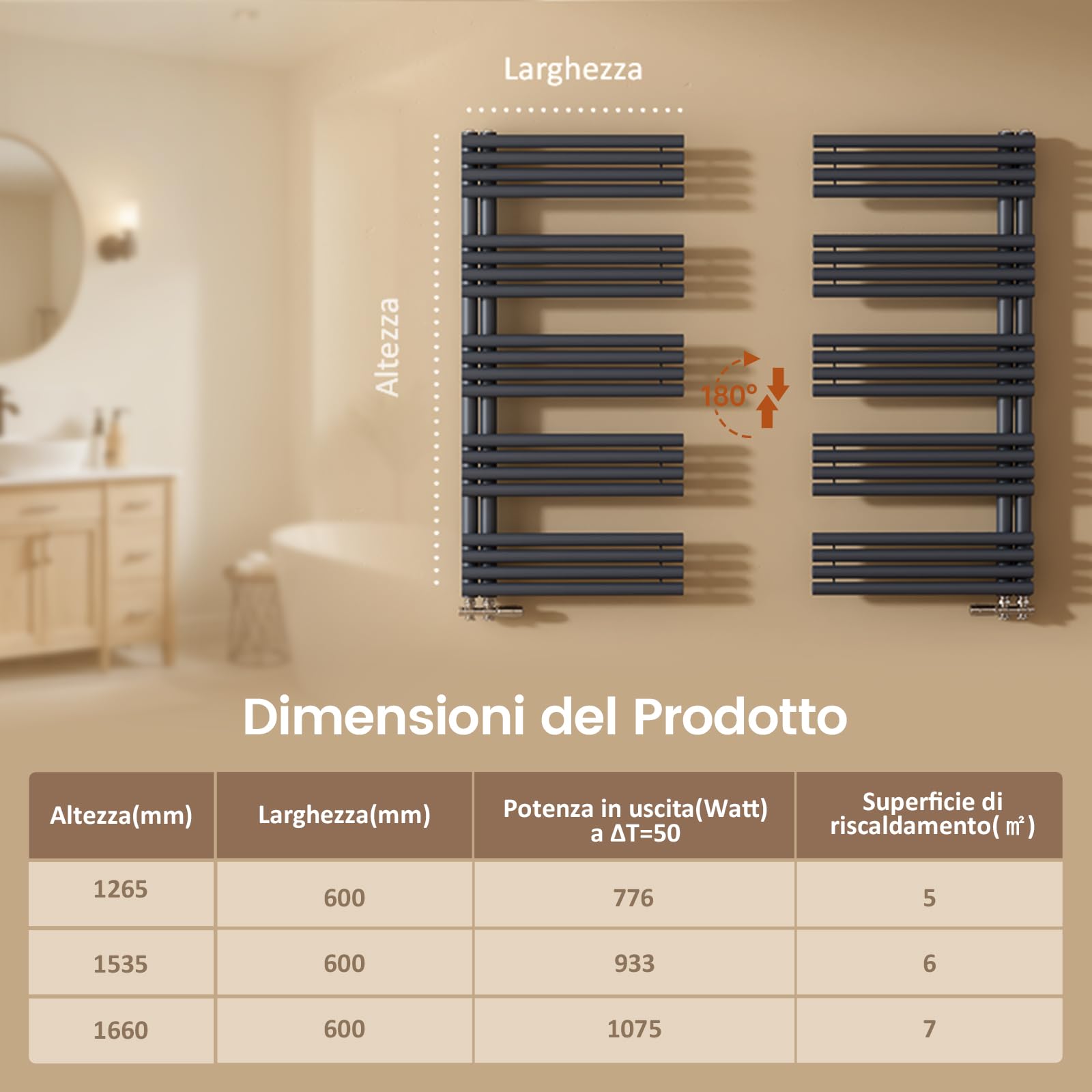 EMKE Scaldasalviette termoarredo a acqua calda per bagno, 1265 x 600 mm, Tubo rotondo Porta asciugamani, Scaldasalviette con attacchi laterali,Antracite 776W