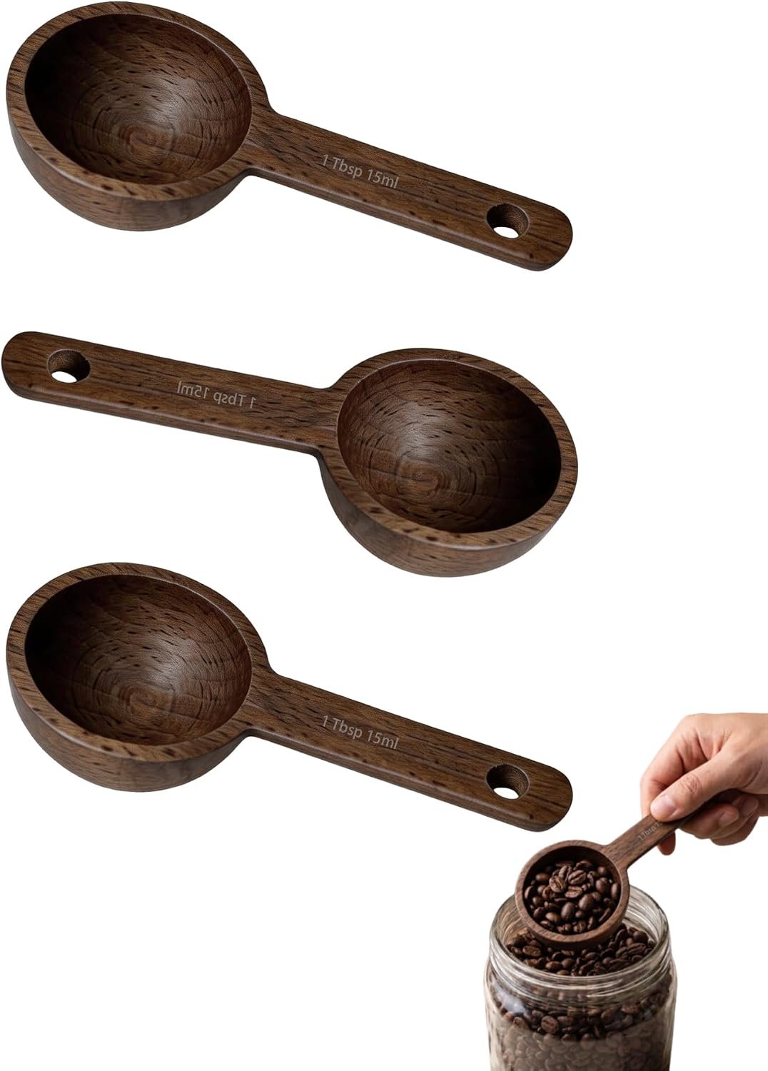 Walnut Wooden Coffee Scoop Set (3-Pack) – 15ml Measuring Spoons | For Ground Coffee, Beans & Spices, Vintage, For Kitchen & Coffee Bar