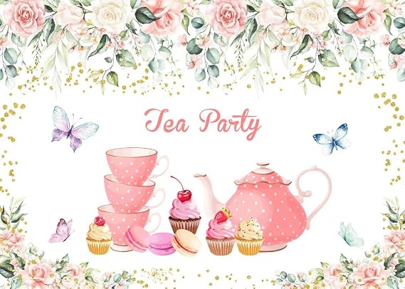 LB 7x5ft Tea Party Photo Backdrop Pink Teacup and Cakes with Spring Flower Leaf Photography Backdrops Colorful Butterfly Backdrop for Kids Baby Shower Birthday Party Photo Booth Studio Props