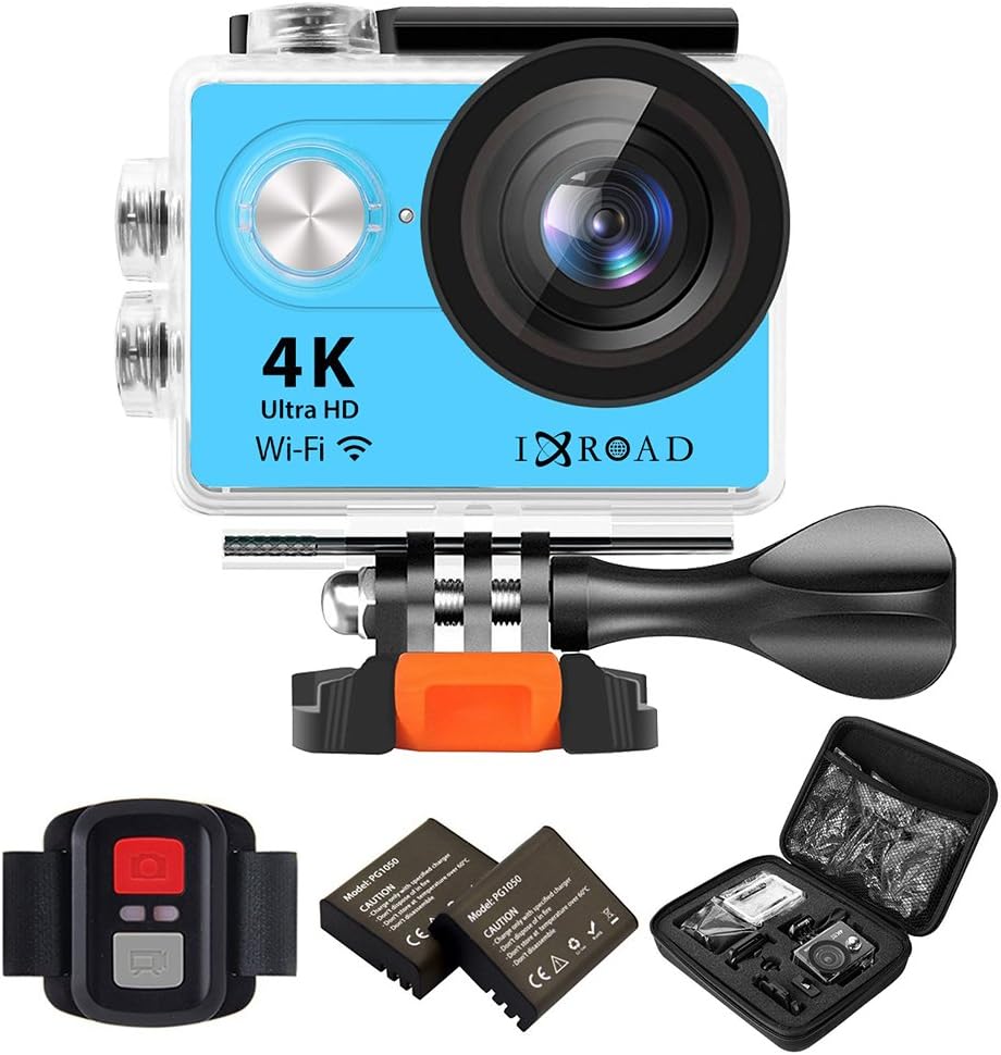 IXROAD 4K Action Cam WiFi Helmet Camera with Remote Control Waterproof Case Dual 1050mAh Batteries Portable Package for Bike Motorcycle Motorbike Cycle Ski Diving (Blue)