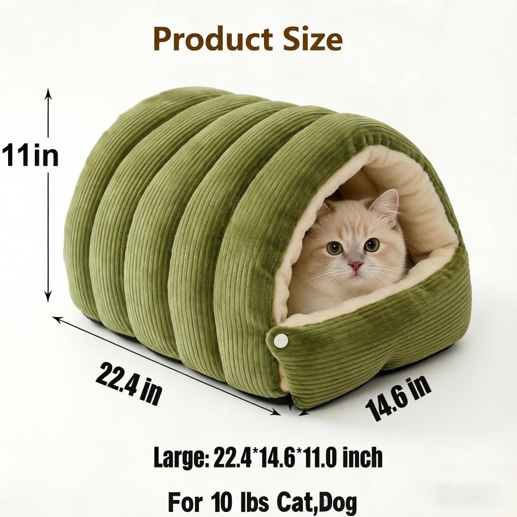 Cat Cave Bed with Hood - Indoor Cat Bed for Cats, Soft Cat Sleeping Bag, Pet Cave for Cats, Detachable Design (Green, 22 inch)