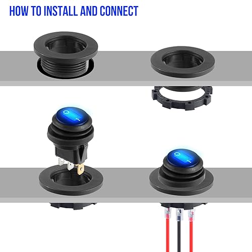Miniatura 6 de Interruptor de palanca de 12 voltios, impermeable, 2 unidades, panel de interruptor basculante redondo con luz LED azul con 6 terminales de fusión