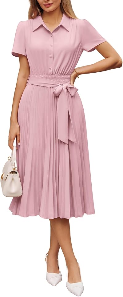 GRACE KARIN Women's 2026 Summer Midi Work Dress Short Sleeve Button Shirt Dresses A Line Pleated Belt Business Casual Dresses Light Pink S