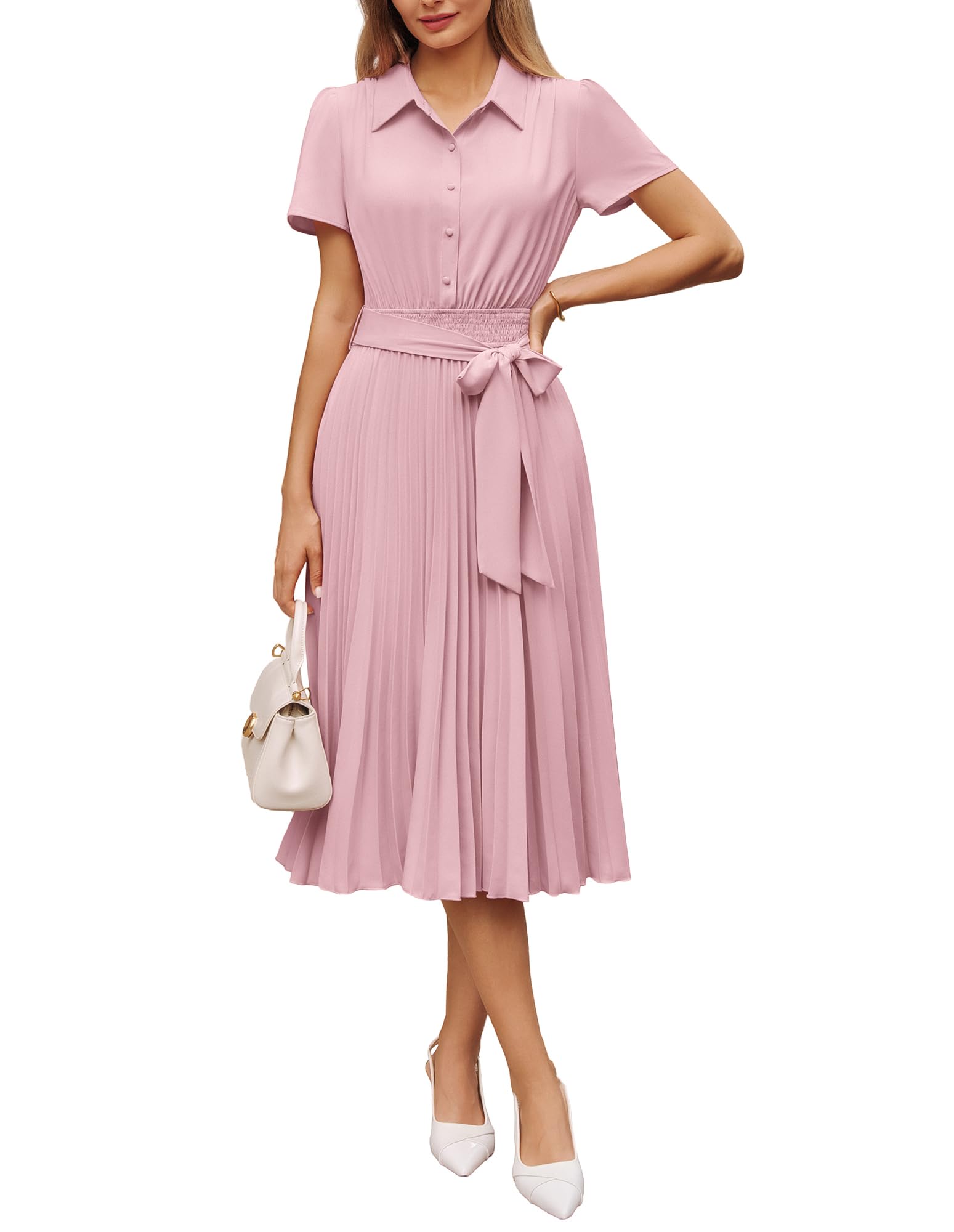 GRACE KARIN Women's 2026 Summer Midi Work Dress Short Sleeve Button Shirt Dresses A Line Pleated Belt Business Casual Dresses Light Pink S