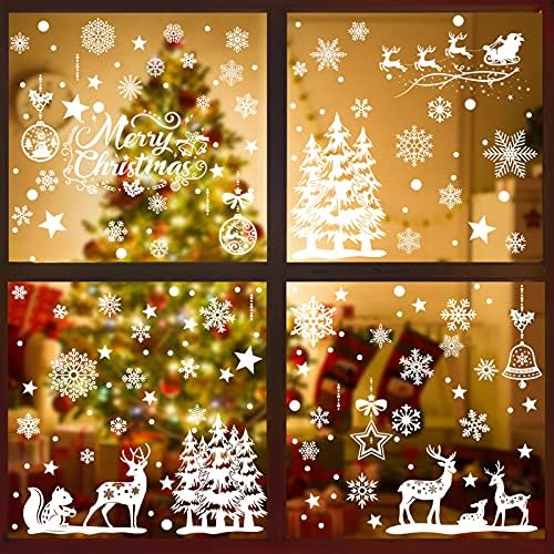 9 Sheets Christmas Window Stickers for Glass Christmas Window Clings Sticker Snowflake Star Squirrel Reindeer Decals Removable Static PVC Stickers for Xmas Window Decorations