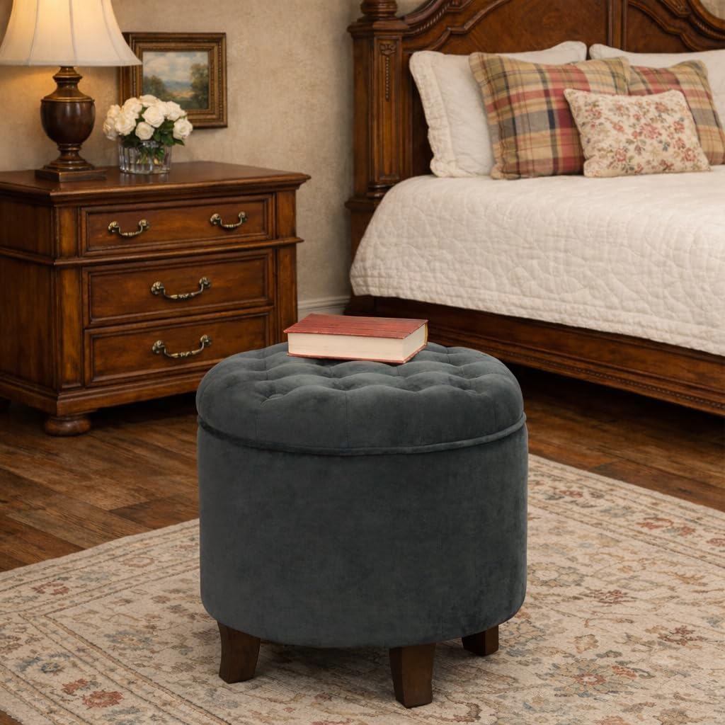 Homepop Home Decor | Upholstered Round Velvet Tufted Foot Rest Ottoman | Ottoman with Storage for Living Room & Bedroom | Decorative Home Furniture, Dark Gray Small