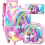 FTJCF 3PCS Rolling Backpack for Girls, Kids Unicorn Roller Bookbag with Wheels, Wheeled School Bag S