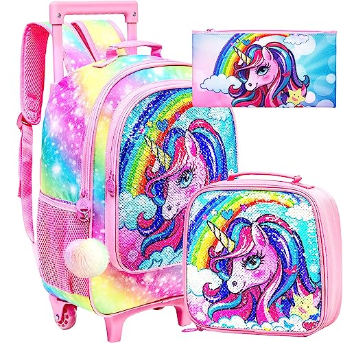 Ftjcf 3Pcs Rolling Backpack For Girls, Kids Unicorn Roller Bookbag With Wheels, Wheeled School Bag Set For Elementary -Rainbow #TOP11