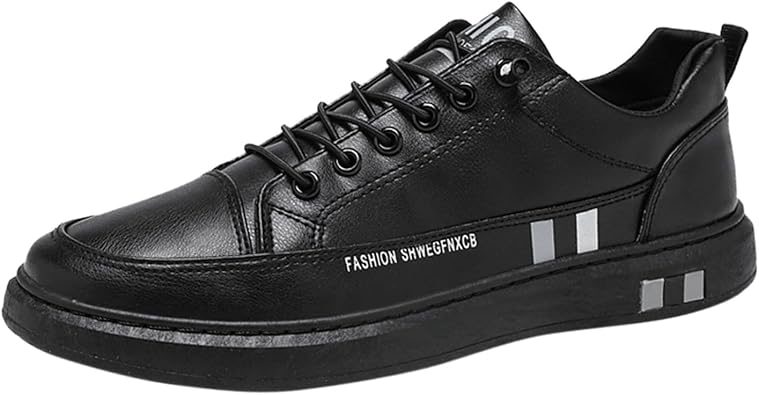 Men's Fashion Round Toe Lace Up Leather White Shoes Casual Comfortable Breathable Sneakers Casual Dress Shoe for Men