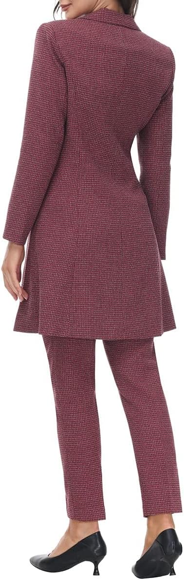 Women's Small Plaid Suit Long Jacket One Button Tuxedos Pants Two Pieces Set Wedding Formal Party
