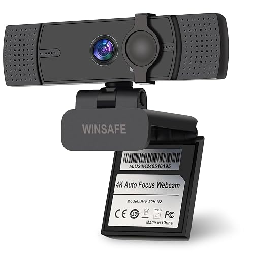 WINSAFE Webcam 4K, Ultra HD Video Calling, AI Auto Focus, Dual Noise-Canceling Microphones, 70° FOV, 1080P@60FPS, Privacy Cover, Plug&Play PC Camera, Works with Teams, Zoom, OBS, Skype, Google Meet - Minimalist