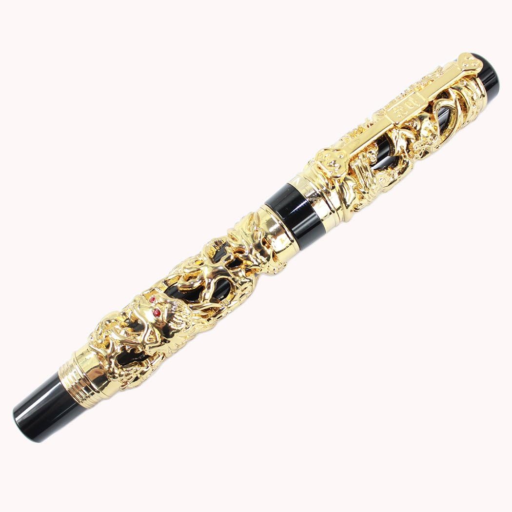 Gullor Collectible Luxury Fountain Pen Dragon and Phoenix Black with Golden 18KGP Nib Medium