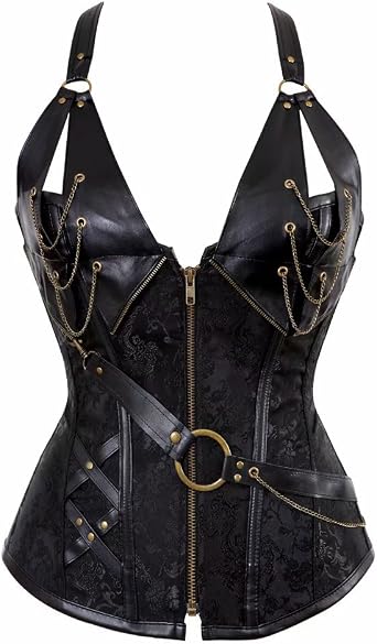 Women Steampunk Corset Bustier Faux Leather Waist Cincher Vest Shoulder Straps Plus Size Pirate