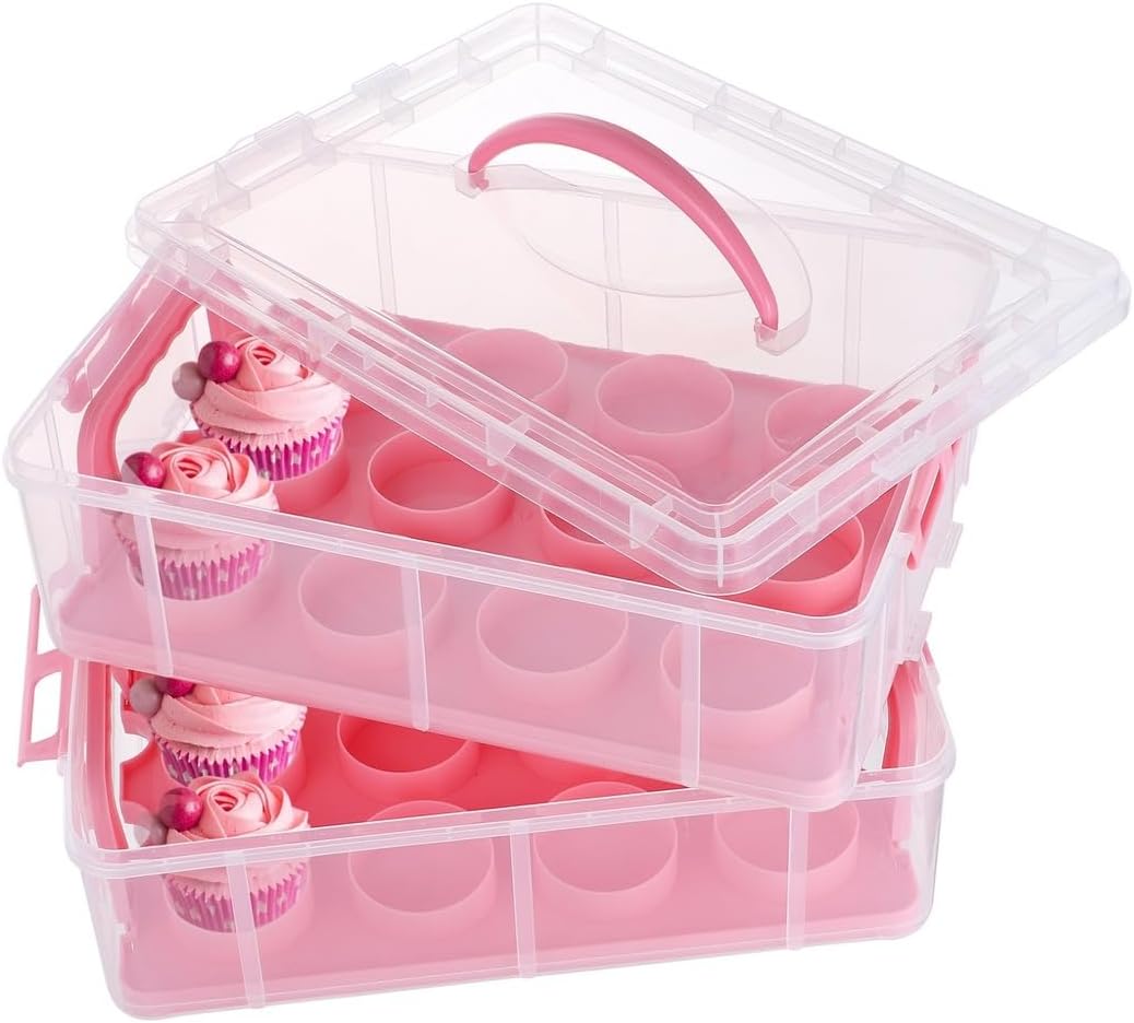 2-Tier Cupcake Carrier with Handle, Stackable 24-Cupcake Holder, Clear Plastic Storage Container with Lid & Secure Snaps