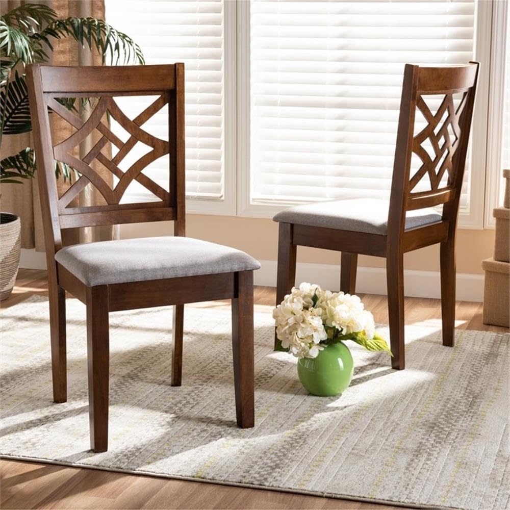 BOWERY HILL Upholstered Seat Wood Dining Chair, 37.4" High, Walnut Brown and Gray Polyester Fabric, Foam Padding, Set of 2, Angular Backrest Design, Contemporary Style for Dining Room