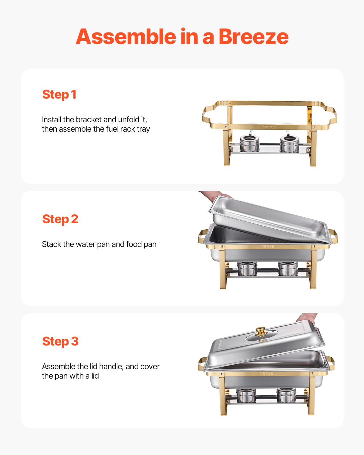 VEVOR Chafing Dish Set Speisenwärmer Edelstahl mit 4 Behältern in voller Größe (7,5 L pro), rechteckiger Wärmespender mit sichtbarem Deckel & Wasserpfannenständer & Brennstoffhalter, für Partys