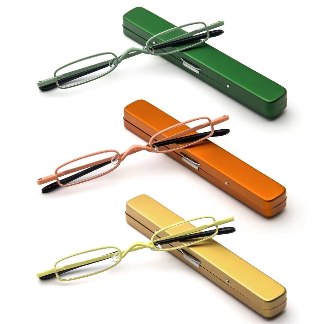 Small Reading Glasses Men Women 3 Pairs Slim Pocket Readers with Pen Clip Metal Case Spring Hinge (Yellow+Orange+Green,+2.0)