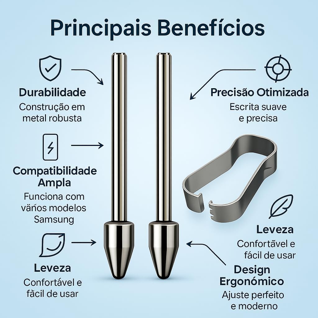 Kit 2 Pontas de Metal para Caneta S Pen Compatível com Samsung Galaxy Tab S6 Lite S7 S8 S9 S7 FE S9 FE S10 FE e Smartphones Note 10 Note 20 S21 S22 S23 S24 S25 Ultra com Extrator para Substituição