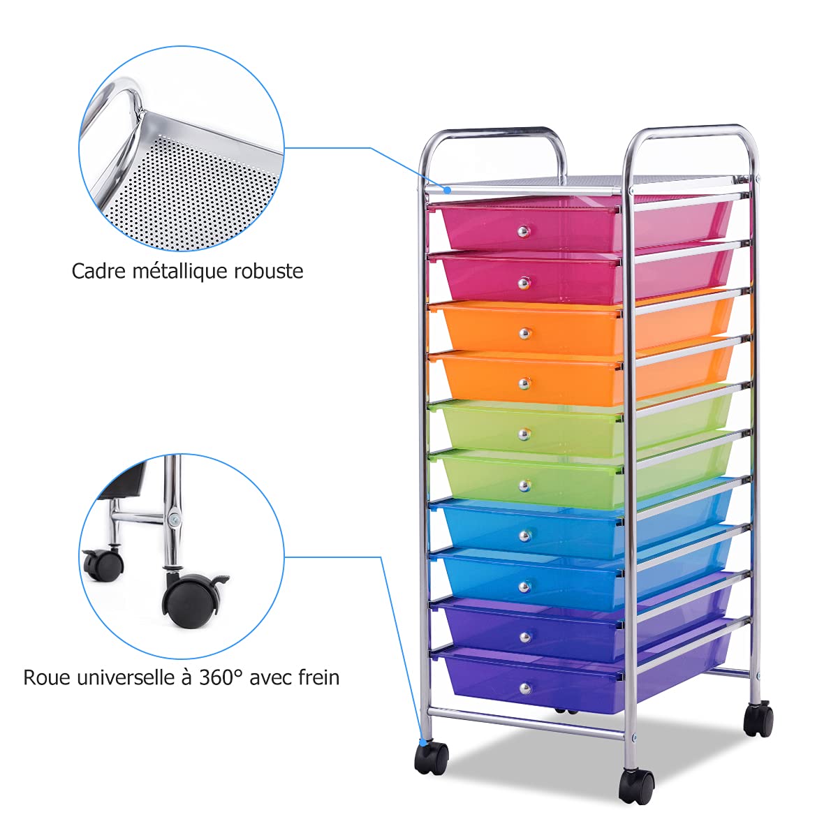 DREAMADE Chariot de Rangement,Desserte à Roulettes,Tour de Rangement en Métal avec 10 Tiroirs,1 Tablette,4 Roues et 2 Freins pour Salon,Chambre,Bureau,Dortoir 32,5 x 37 x 86CM (Coloré)