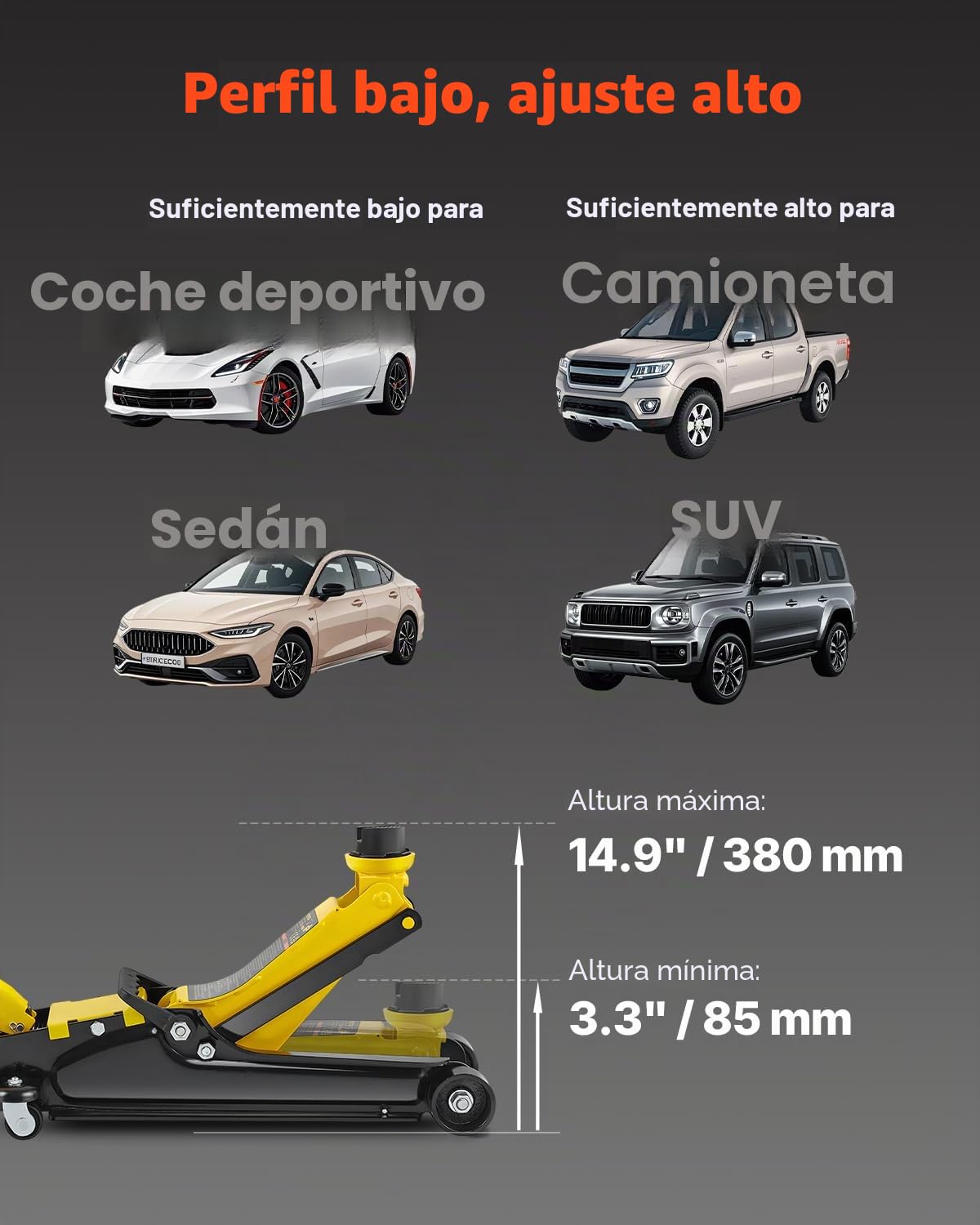 VEVOR Gato de Bajo Perfil de Acero Carga Máxima de 2,5 T Gato Hidraulico para Coche Rango de Elevación 85-380 mm Bomba Hidráulica Simple Gato Carretilla para Coches Familiares, Camiones, Todoterrenos