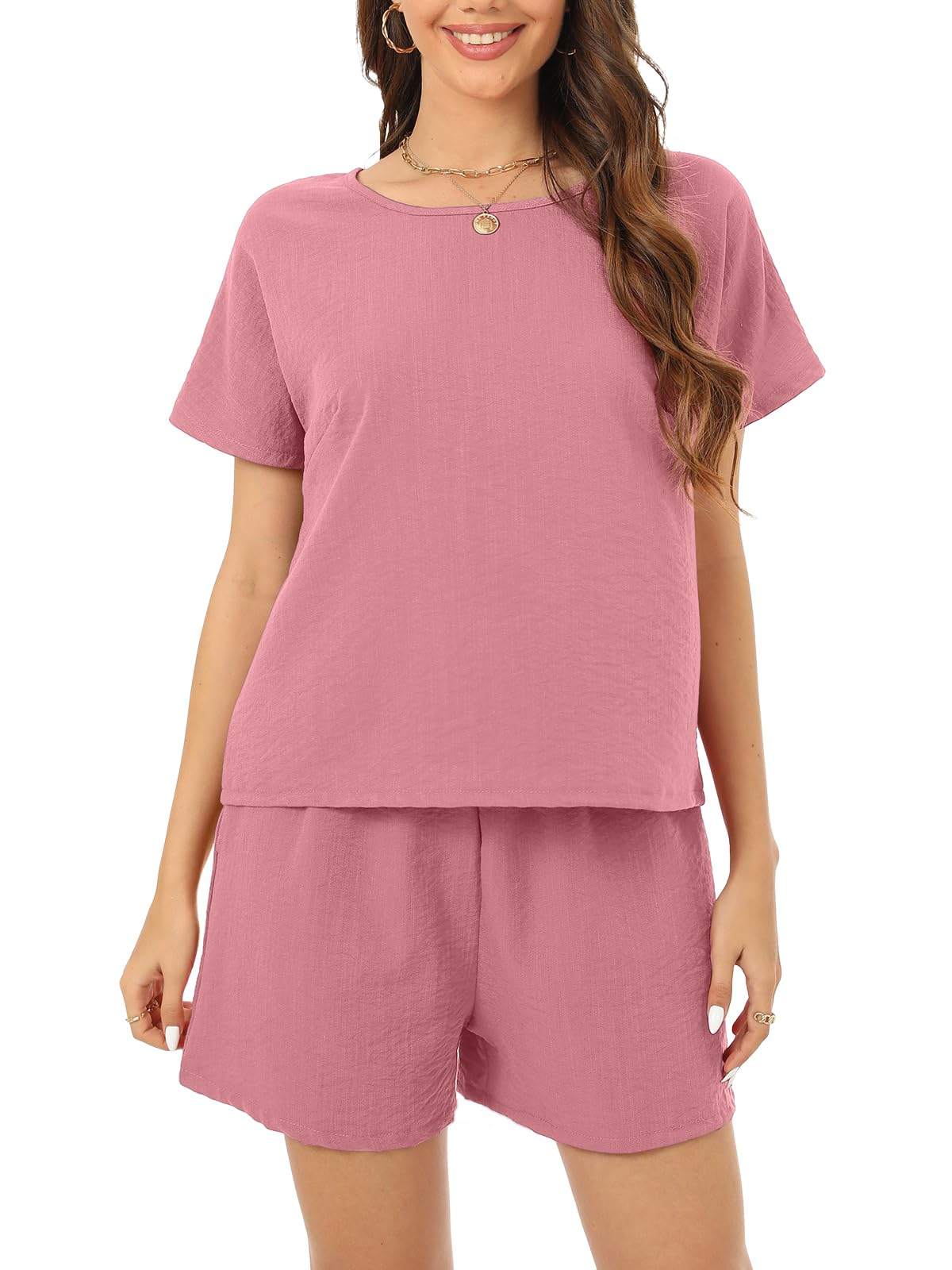 Nfsion Women's Summer 2 Piece Outfits Crewneck Short Sleeve Tops and