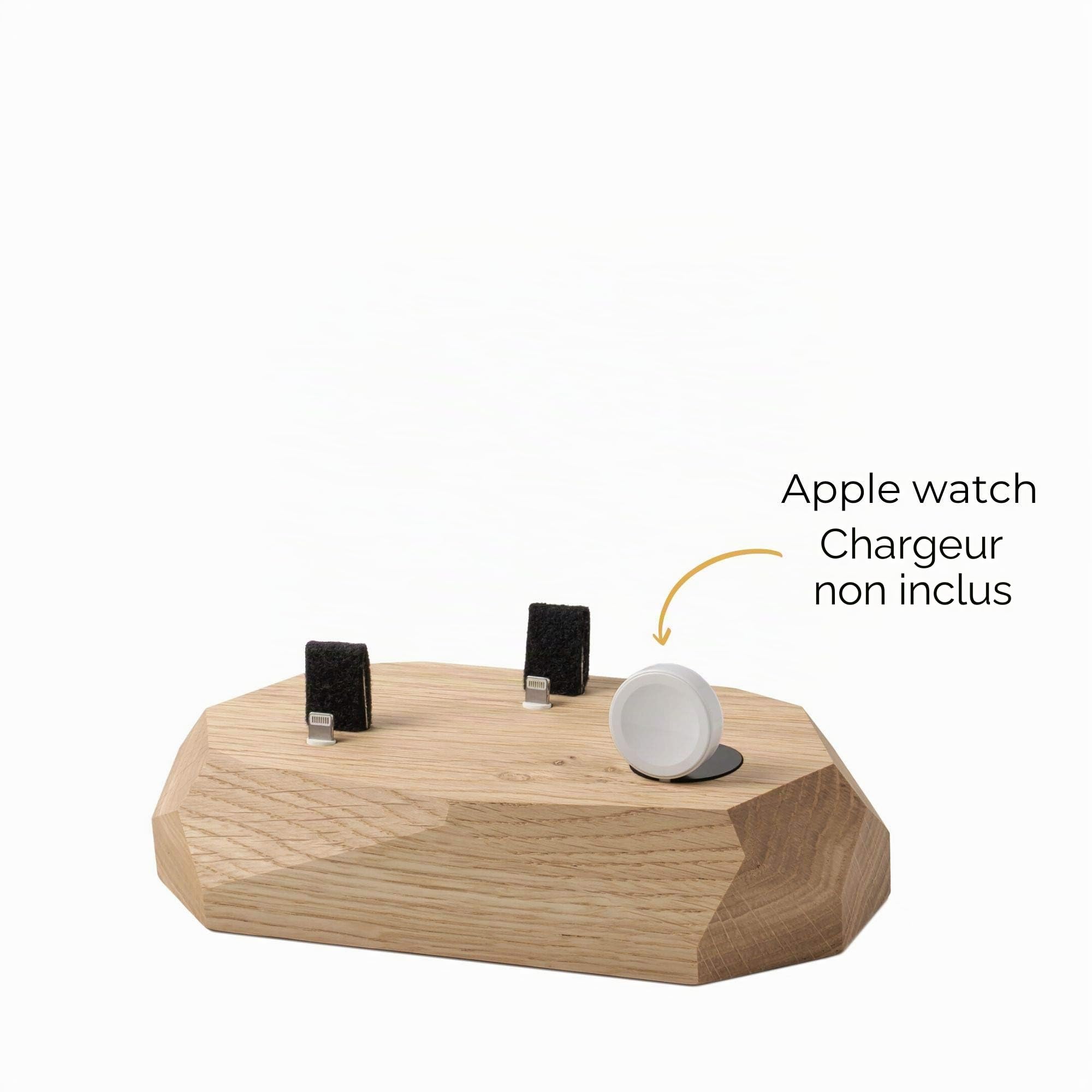 Oakywood - Station de charge Apple 3-en-1 pour Watch, iPhone et AirPods - 2x connecteur Lightning USB-A inclus - Triple dock - Chêne