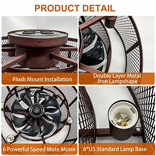 Ohniyou Cage Ceiling Fan With Light, 21 Inch Farmhouse Low Profile Ceiling Fan With Light Remote Control, Flush Mount Bladeless Ceiling Fan Lighting Fixture For Kitchen Bedroom Living Room Brown #TOP6