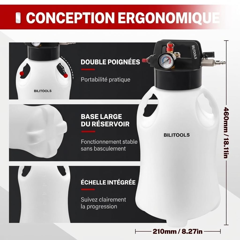 BILITOOLS Pompe Pneumatique 8L, Outil Vidange Boîte Auto | Remplissage Boîte Auto avec 15 Adaptateurs pour Vidange & Remplissage Automatique