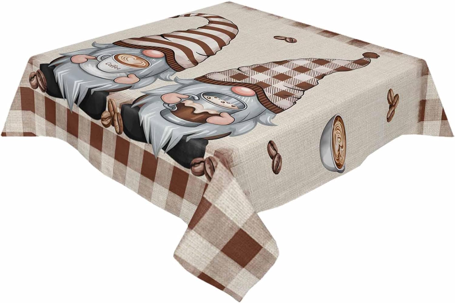 Square Gnomes Coffee Tablecloth Waterproof & Stainproof Tablecloths, Vintage Brown Buffalo Plaid Stripes Wipeable Table Cloth Wrinkle-Free for Round/Rectangle/Oval/Square/Dining/Party/Wedding, 54x54