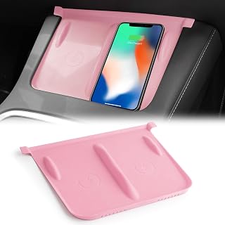 ONKENTET Center Console Wireless Charging Silicone Mat Compatible with Tesla Model 3 Model Y 2023 2022 2021 Accessories Waterproof Cover Interior Pad Non-Slip Mats Phone Tray Upgrade (Pink)