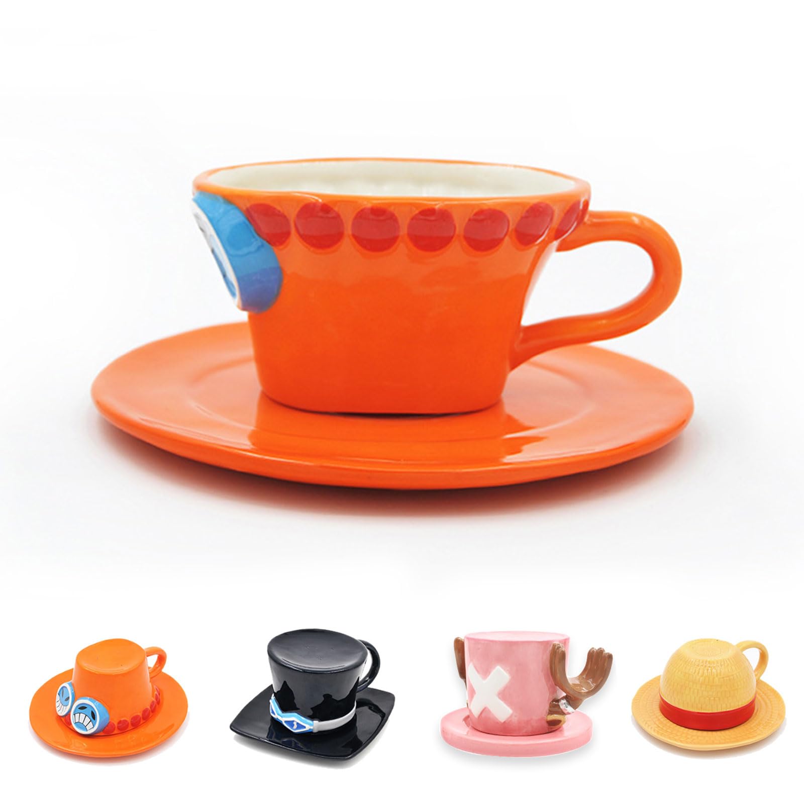 Taza One Piece, Anime Ace One Piece Tazas de Cafe, Cerámica One Piece Taza Anime con Platillos, Tazas Originales para Regalar, Regalo Navidad, Aniversario (Ace)