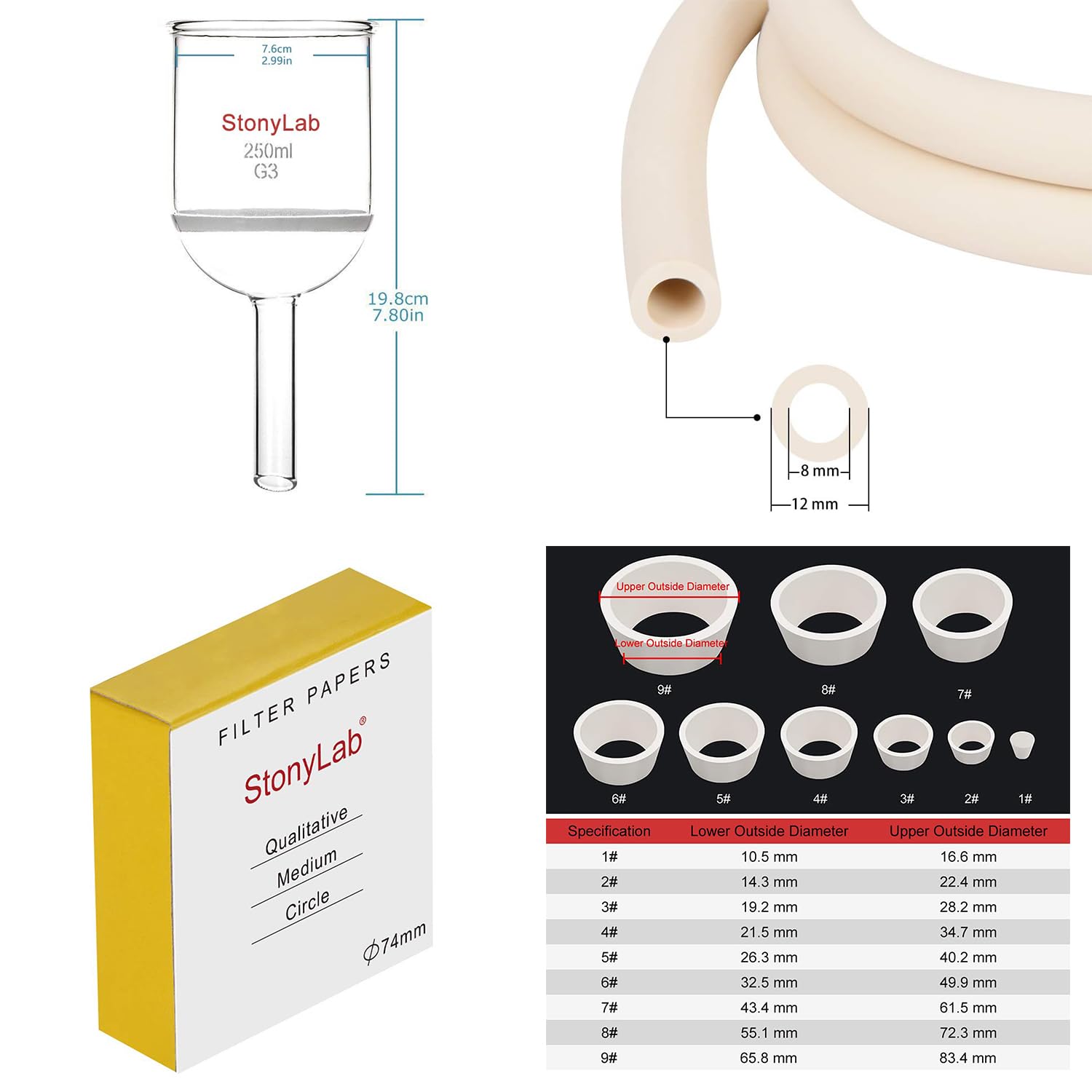 stonylab Bundle 12 Items: 250ml Buchner Funnel, 74mm Filter Paper, Filter Adapter Cones, and 3.3ft Rubber Tubing
