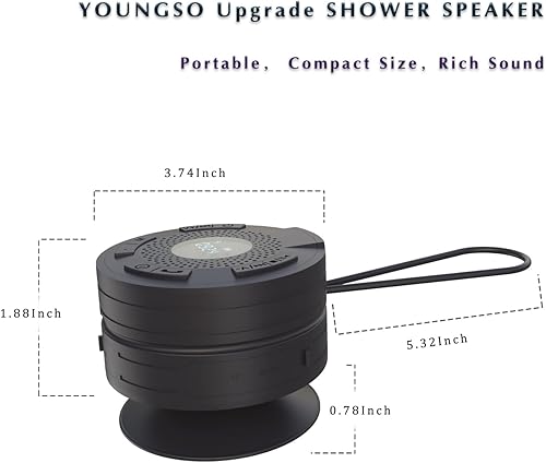 Vista 4 de YOUNGSO Bluetooth Shower Speaker-IPX7 Waterproof Portable Speaker, Hands-Free with Built-in Mic, FM Radio, Suction Cup for Showers -Black