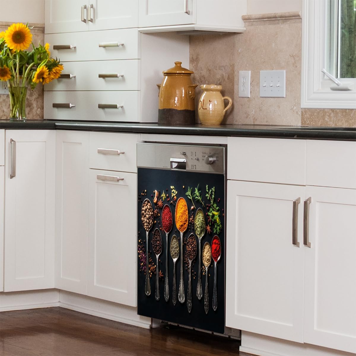 Spices Herbs Spoons Dishwasher Magnet Cover Decorative Refrigerator Covers Magnetic Reusable Dishwasher Door Cover Kitchen Appliance Sticker Cover 23x26Inch