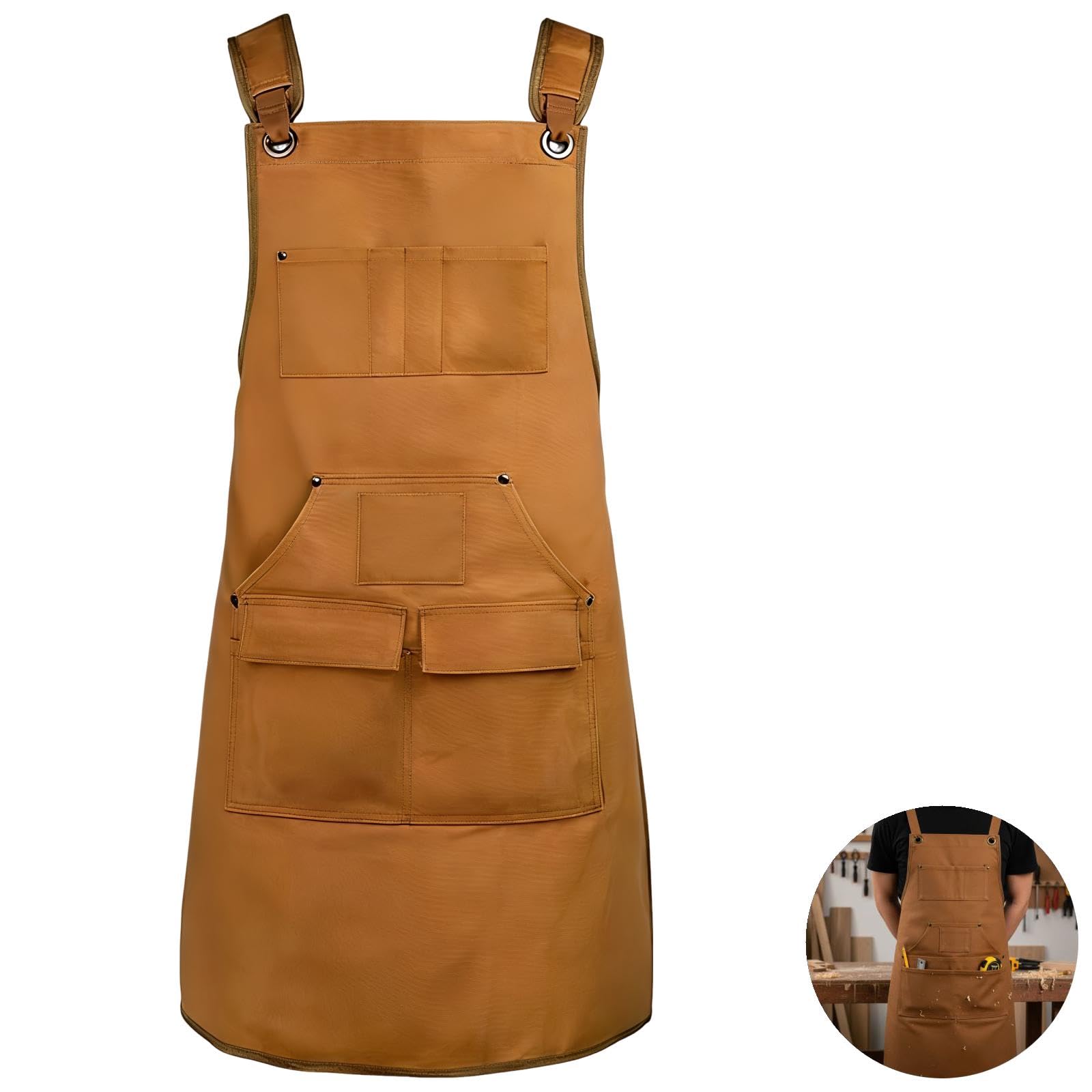 Gewachste Arbeits-Schürze, robuste Schreinerschürze mit Werkzeugtaschen, verstellbaren Trägern, braun, für Werkstatt und Heimwerken, große Größe, 30,7 x 25,6 in