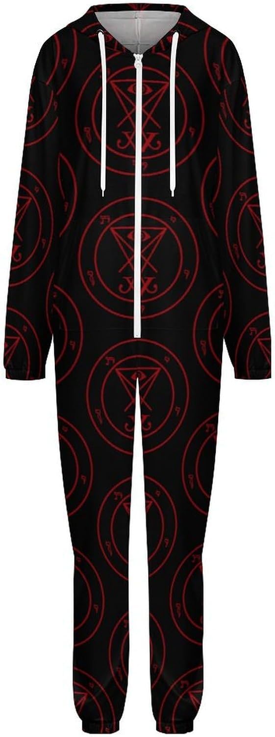 Sigil of Lucifer Adult Pajamas Onesie with Hood Pocket Jumpsuits One Piece Sleepwear