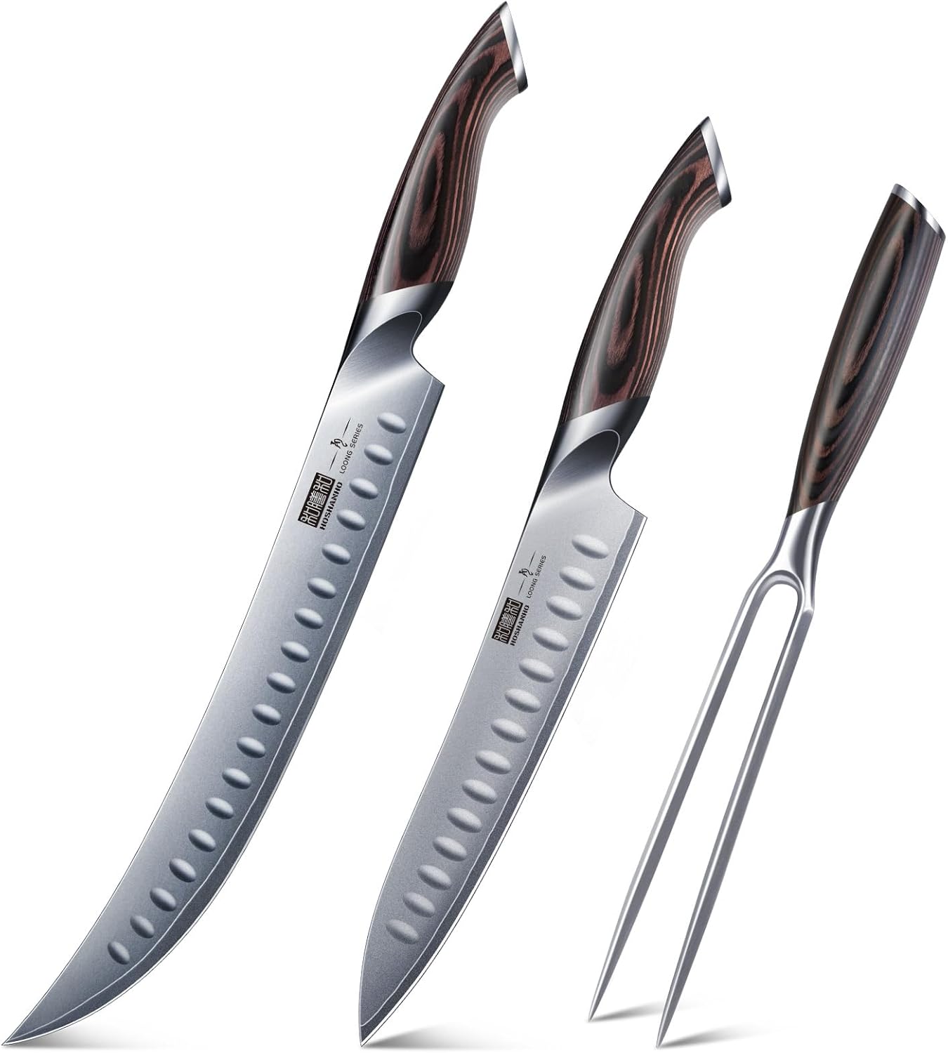 HOSHANHO 10 Inch Carving Slicing Knife Japanese High Carbon Steel with Ergonomic Pakkawood Handle＆8 Inch Carving Knife & 7 Inch Fork Set