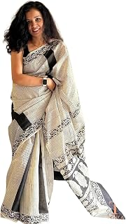 Femori Elegant Off-White Linen Saree for Women with Black Paisley Print | Soft Lightweight Ethnic Saree with Border & Blou... Price In India