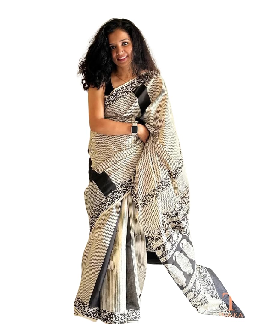 Femori Elegant Off-White Linen Saree for Women with Black Paisley Print | Soft Lightweight Ethnic Saree with Border & Blou... - Review, Price and Buying Guide