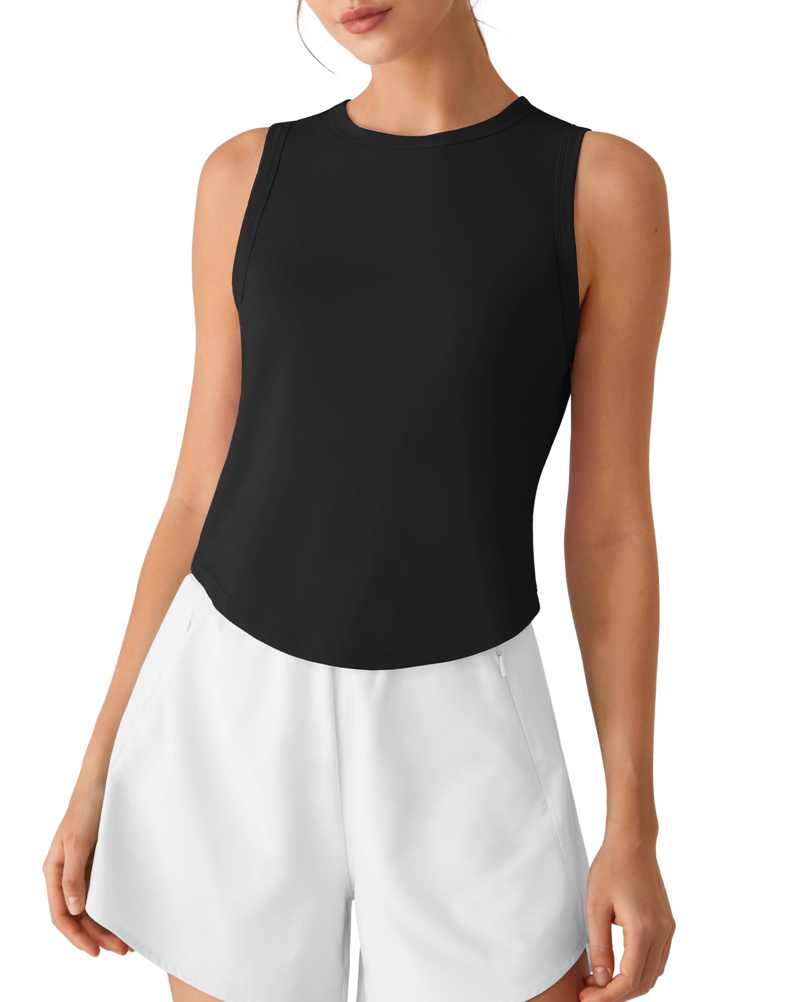 G4Free High Neck Workout Tanks for Women Curved Hem Sleeveless Shirts for Casual Relaxed Fit Gym Running Tops