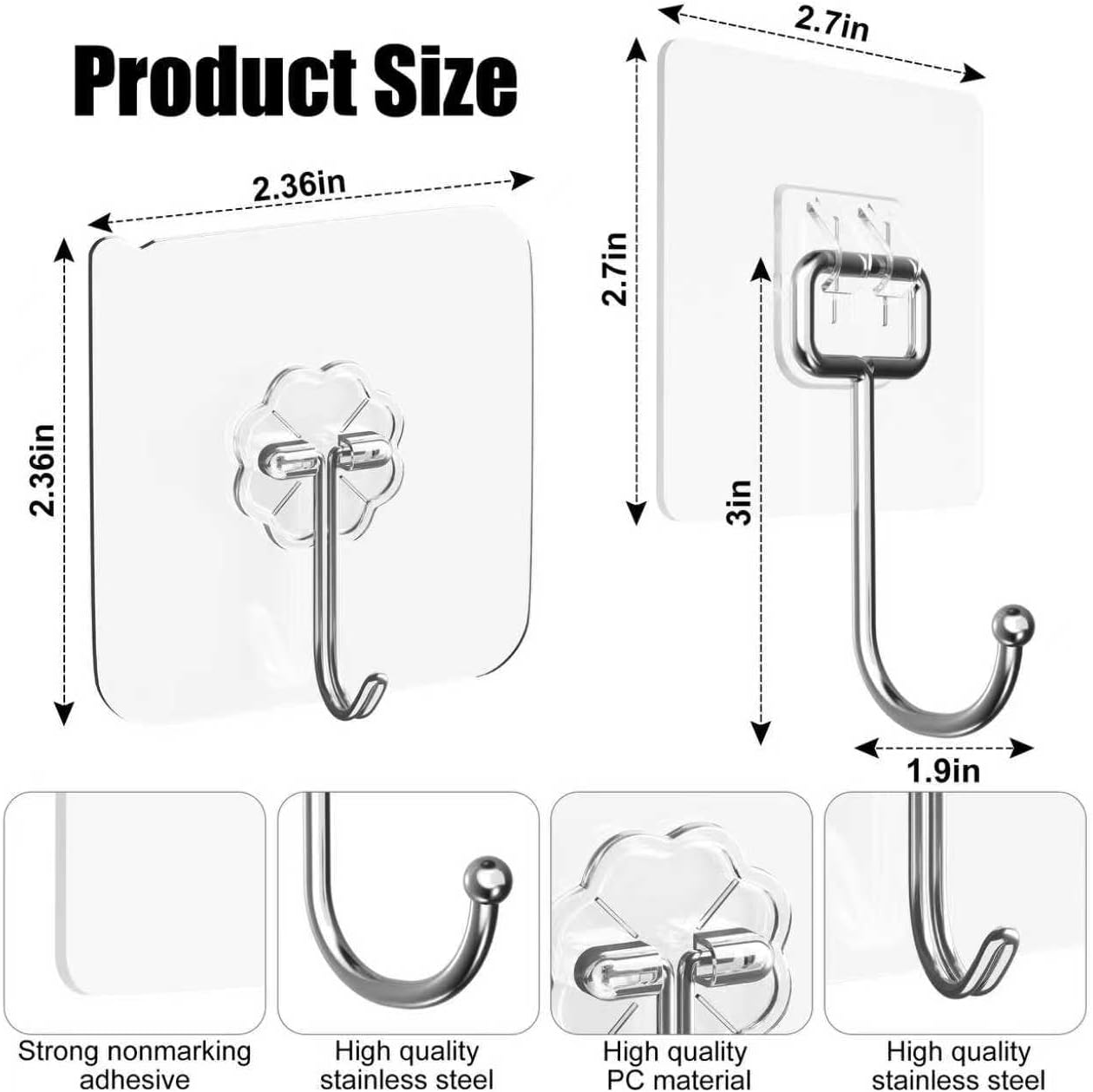 Ninth Five 30Pack Adhesive Hooks Set, Stainless Steel Clear Sticky Hooks, Heavy Duty Wall Hooks for Home Kitchen, Bathroom, Door, 20 Small 33lb & 10 Large 44lb Waterproof Utility Hooks