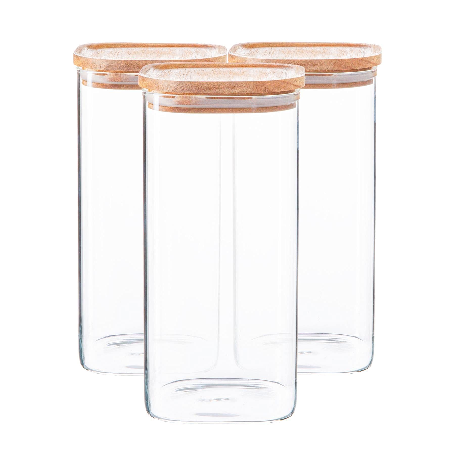 Argon Tableware Transparent Square Glass Storage Jars With Airtight Wooden Lids - 1500Ml - 3 Pack - Modern Kitchen Container Preserving Jars For Pickling, Chutney, Jam, Coffee, Olives, Sugar, Spices