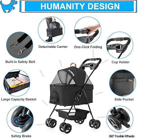 Miniatura 4 de Cochecito para mascotas 3 en 1 para perros pequeños y gatos, cochecito plegable y ligero para perros con transportador desmontable, portátil, para