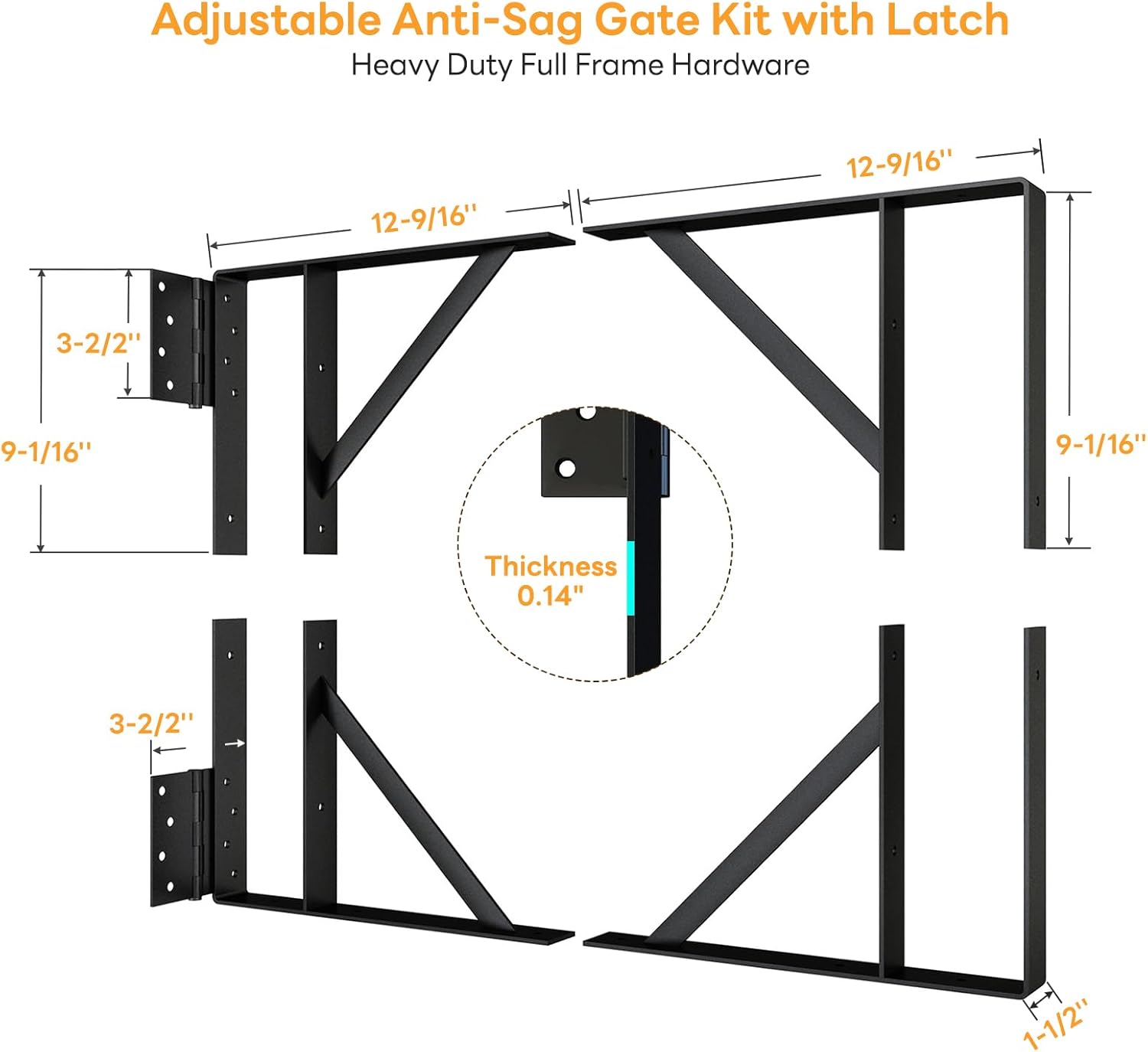 DIYHD 2 Pack Heavy Duty Anti-Sag Gate Kit, Adjustable Bracket Gate Frame Hardware for Wooden Fence or Patio, Fits 24"-60" Wide, Works with 2x4 Lumber (Wood Not Included)