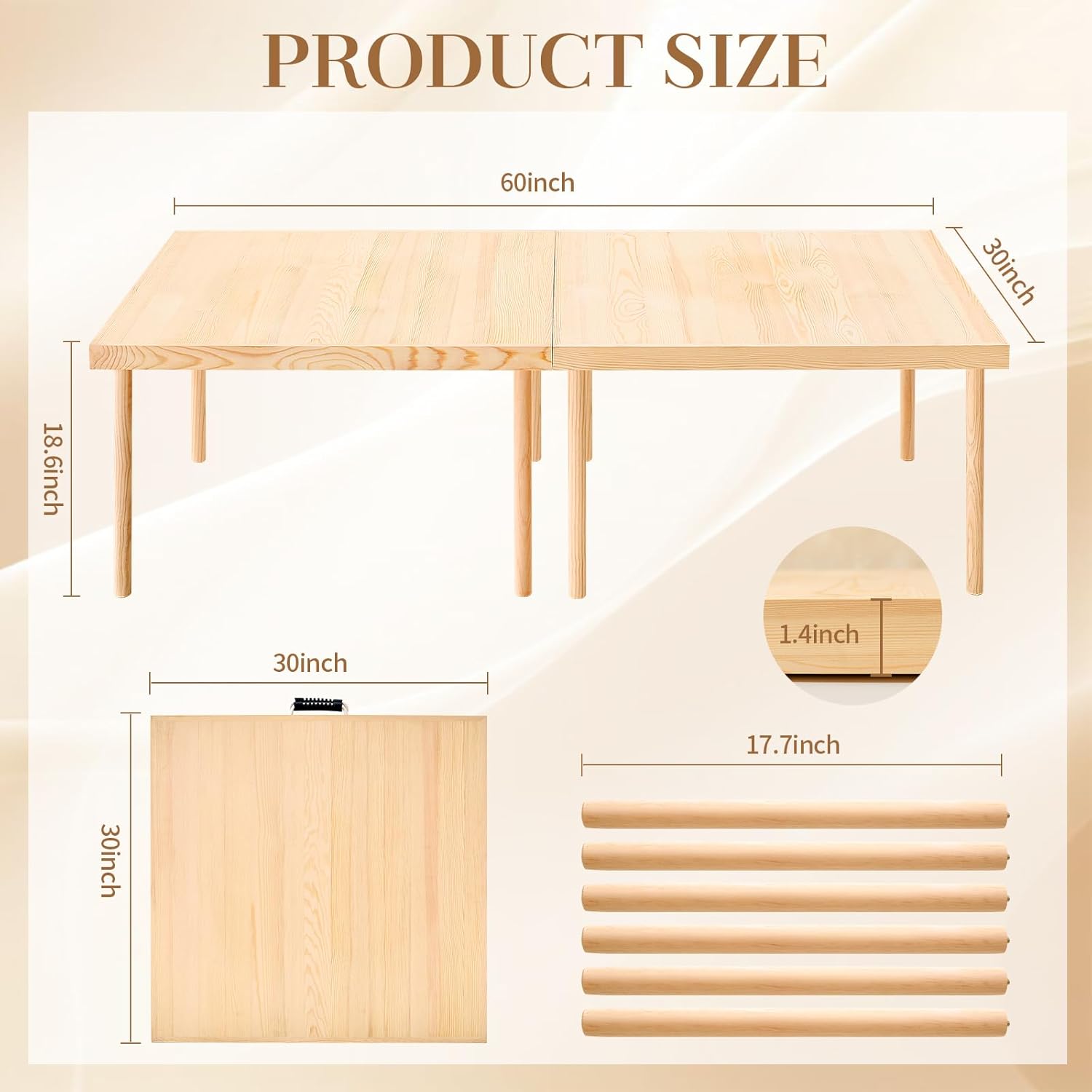 60"x30" Boho Wooden Picnic Table,Portable Wood Picnic Desk,Solid Wood Picnic Table, Boho Low Picnic Floor Desk for Beach, Camping, Backyard, Floor Seating(Large Size for 6)