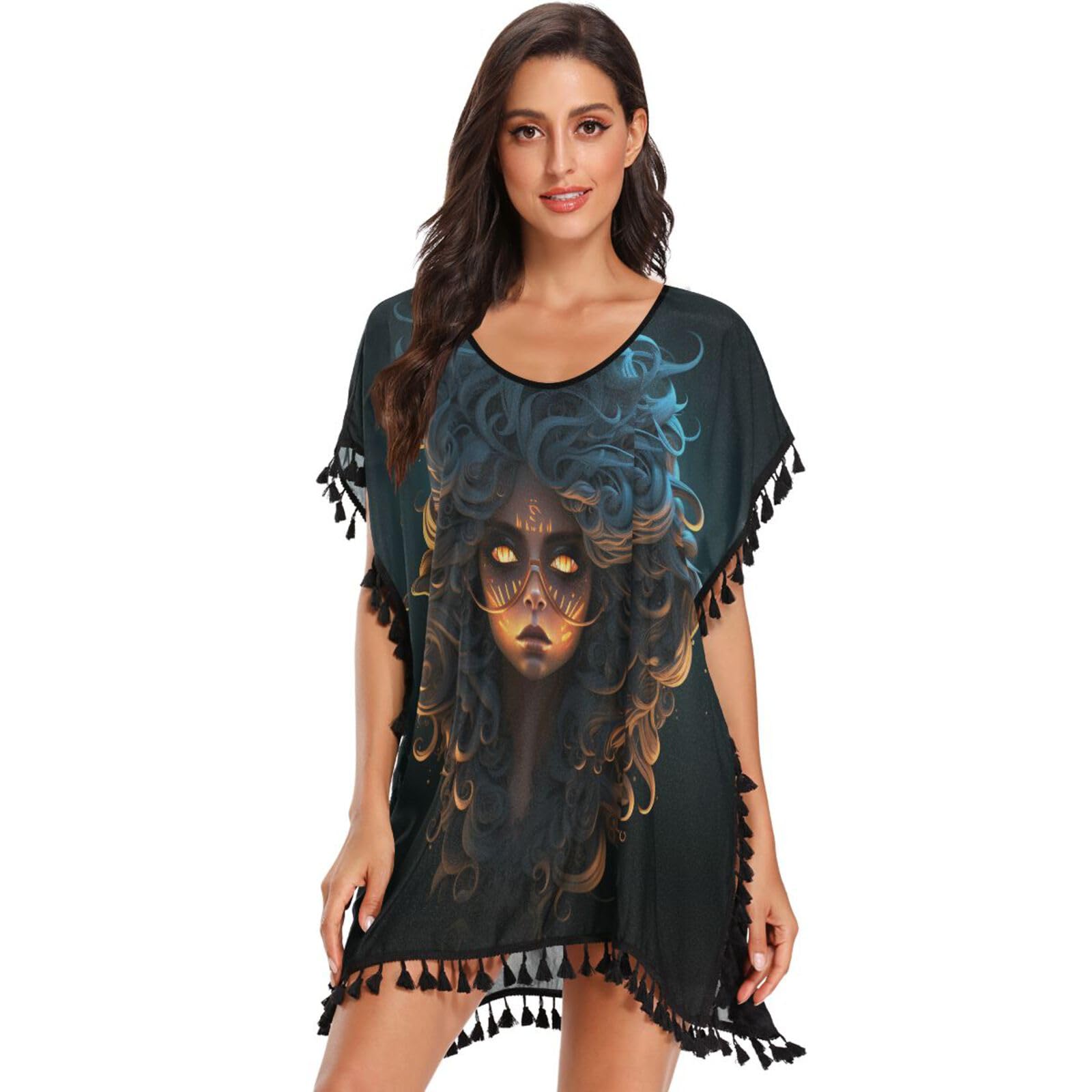 Fire Fox Abstract Art Women's Beach Cover Up Chiffon Tassel Swimwear Swimsuit Coverups for Girl