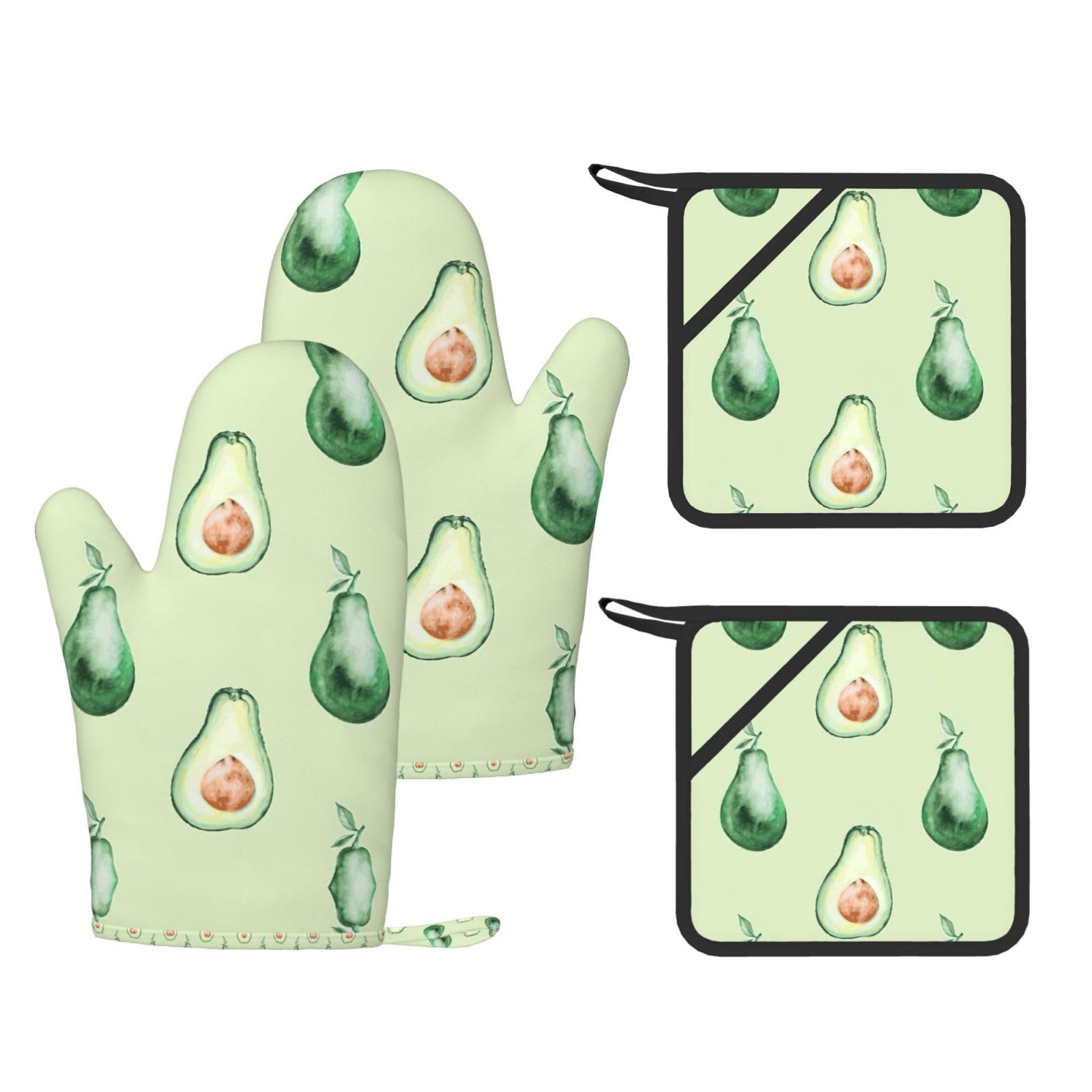 Eeprty Black Avocado Pattern Printed Kitchen Oven Gloves And Potholder 4 Pcs, Non-Slip Heat Resistant Mitts For Baking Chef