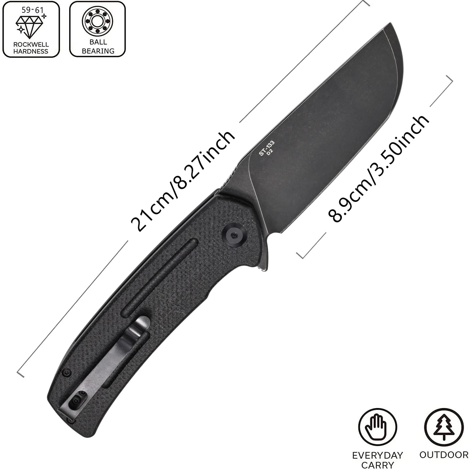 Sitivien ST133 Folding Knife,D2 Blade,Micarta Handle EDC Tool Knife for Outdoor Camping Hiking(Black)