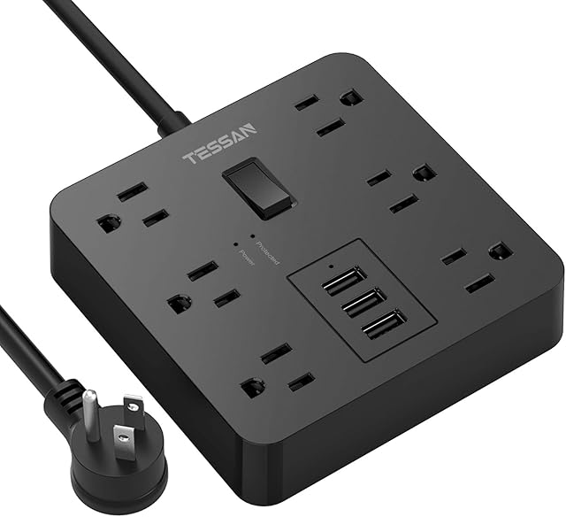 Tira de energia com USB, cabo de extensão TESSAN para desktop 5 pés Plugue plano com 6 saídas amplamente espaçadas, Protetor de sobretensão 1700J integrado para acessórios de casa e escritório, preto
