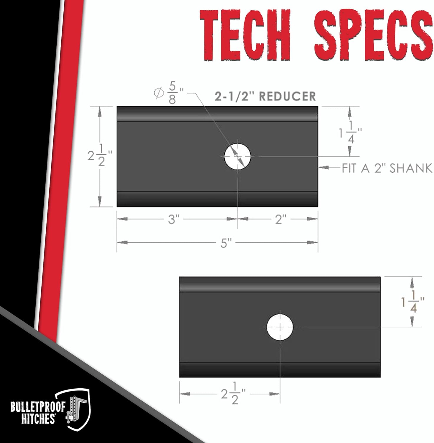 BulletProof Hitches - Trailer Hitch Adapter, 2.5 to 2 Inch Hitch Reducer Sleeve - Solid Steel, Corrosion Resistant, Black Powder Coat